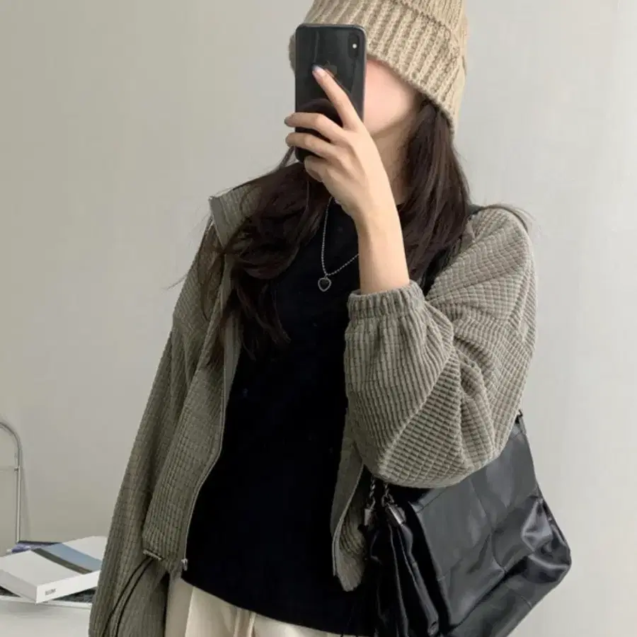 차콜 와플 스트링 집업 점퍼