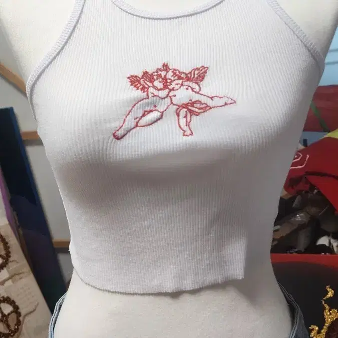 쌍둥이천사 자수 골지 홀터넥