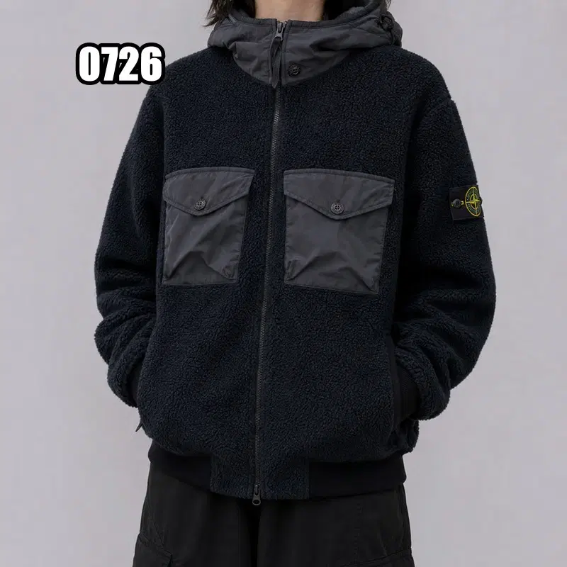 XL 스톤 아일랜드 21FW 코튼 파일 후드 집업 블랙