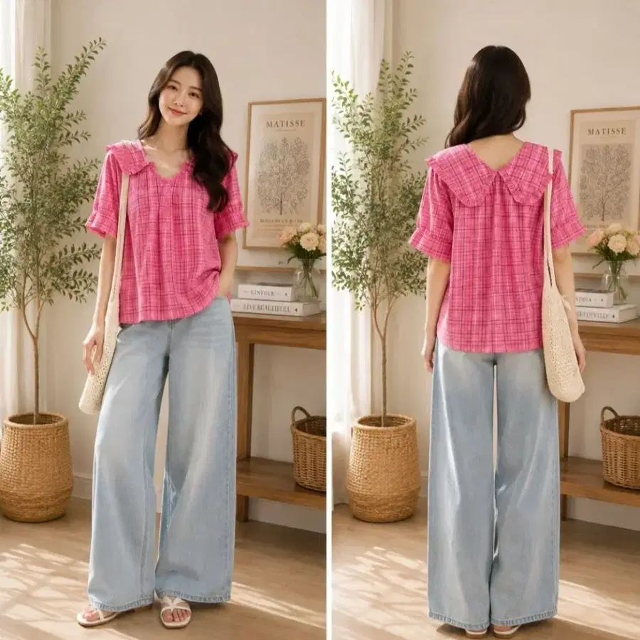 체크무늬 프릴 블라우스 핑크