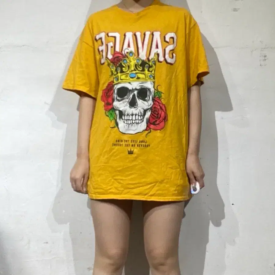 미국 빈티지 SAVAGE 킹 스컬 & 로즈 그래픽 티셔츠 L