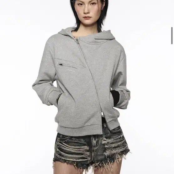 락케이크 Asymmetry zip up hoodie 사선 그레이 후드집업