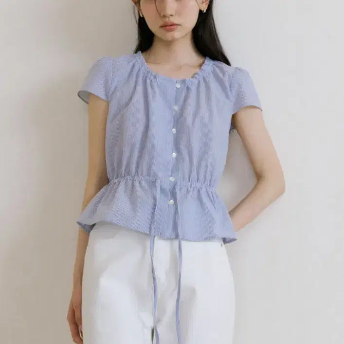 링서울 shirring peplum blouse-stripe 스트라이프 블루 블라우스