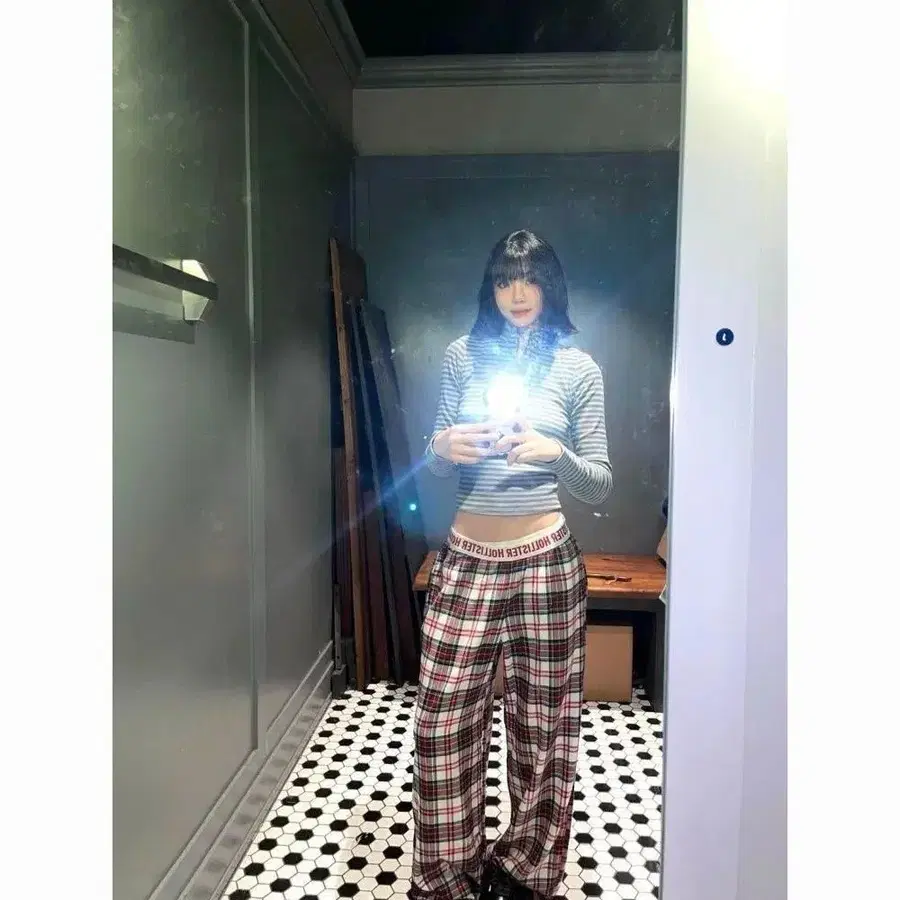 체크 패턴 홈웨어 바지