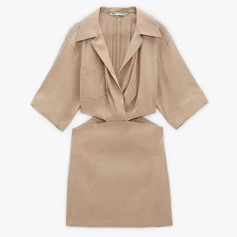 새상품) 자라 ZARA 린넨 컷아웃 원피스 트임 반팔 5부 베이지 페스티벌룩 휴양지 휴가룩 여행룩 에어하우스