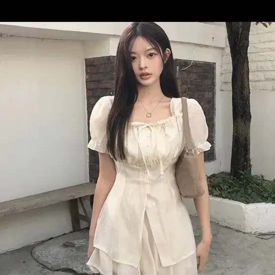 에이블리 클래식블랑 퍼퓸 허리끈 뒷리본 스퀘어넥 여름 반팔 블라우스 치마바지 스커트 투피스 세트