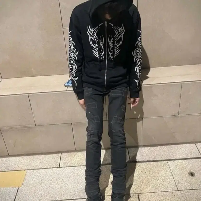 빈티지 트라이벌 프린트 기모후드집업