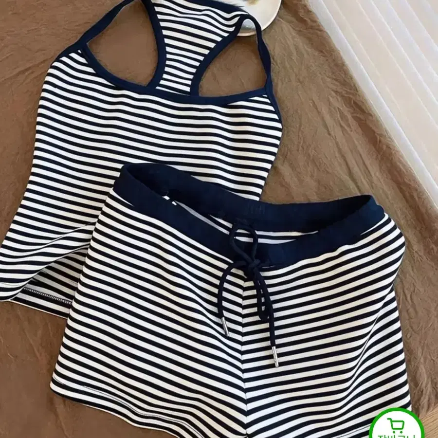 네이비 스트라이프 나시 반바지 세트