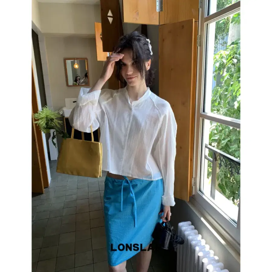 LONSLAN 론슬란 셔츠 블라우스 코튼 린넨 반팔 스탠드 칼라 셔츠 (헤어끈 포함)