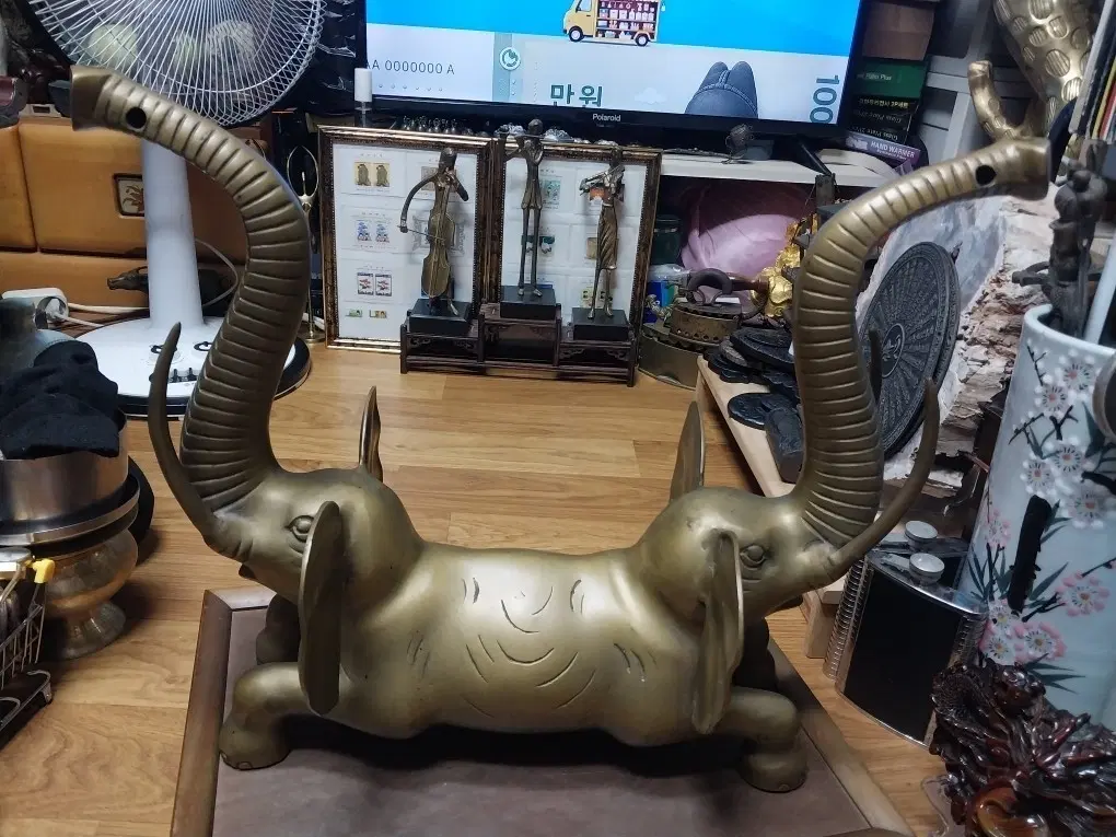 황동 대형급 엔틱 쌍코끼리 조각상