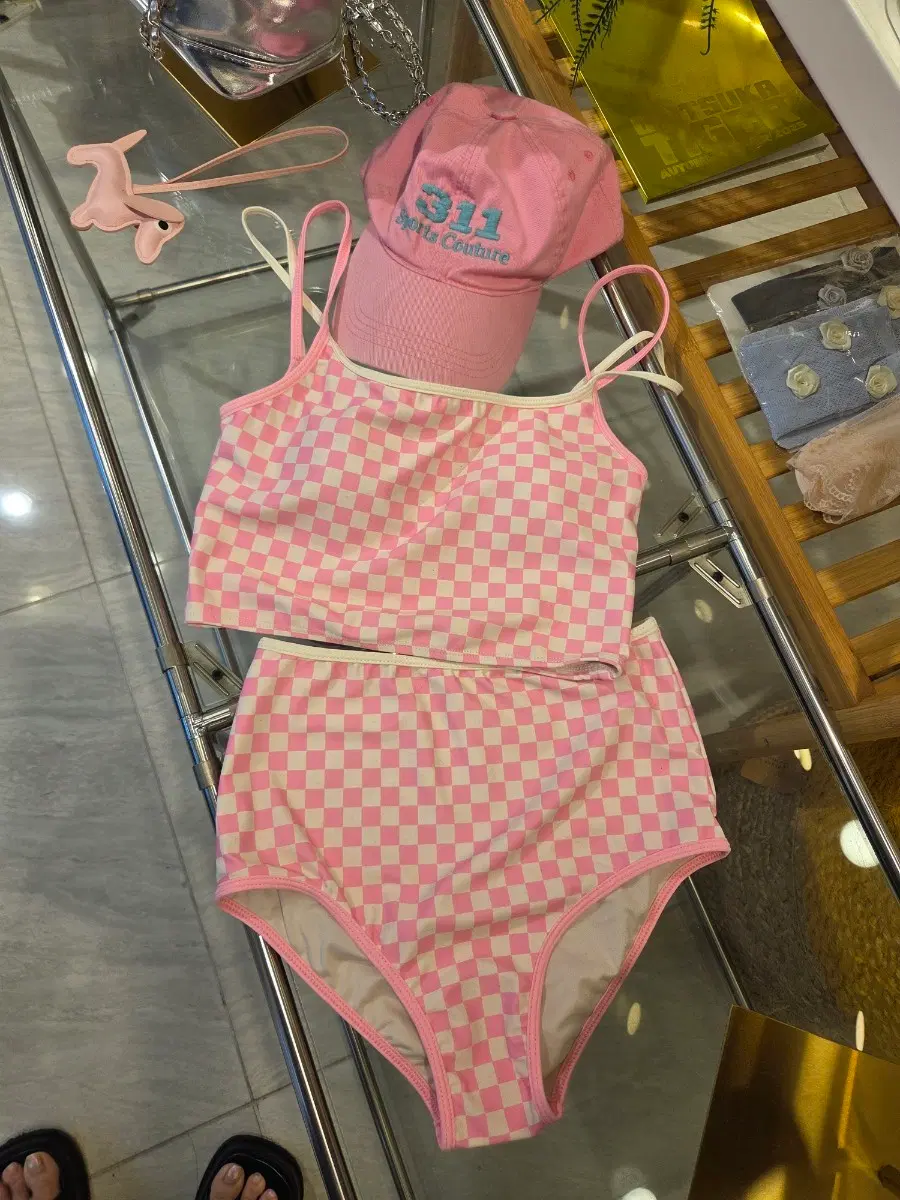 (새상품) 핑크 체커보드 수영복
