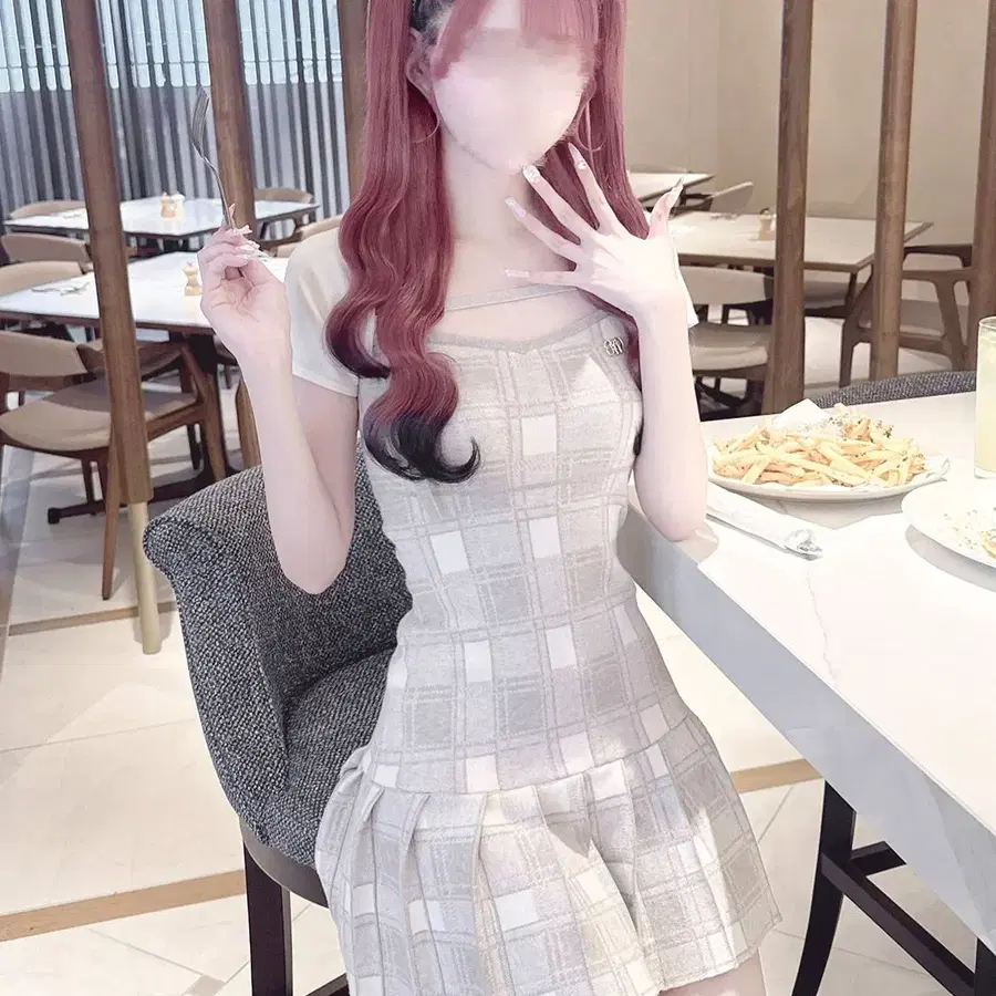 HONEY MEW 허니뮤 더블 스트랩 레이어드 체크 원피스