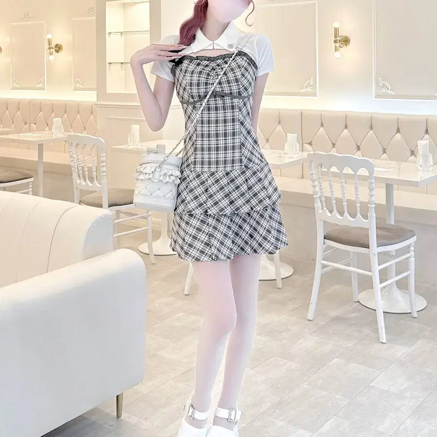HONEY MEW 허니뮤 체크 플리츠 앙상블 반팔 원피스