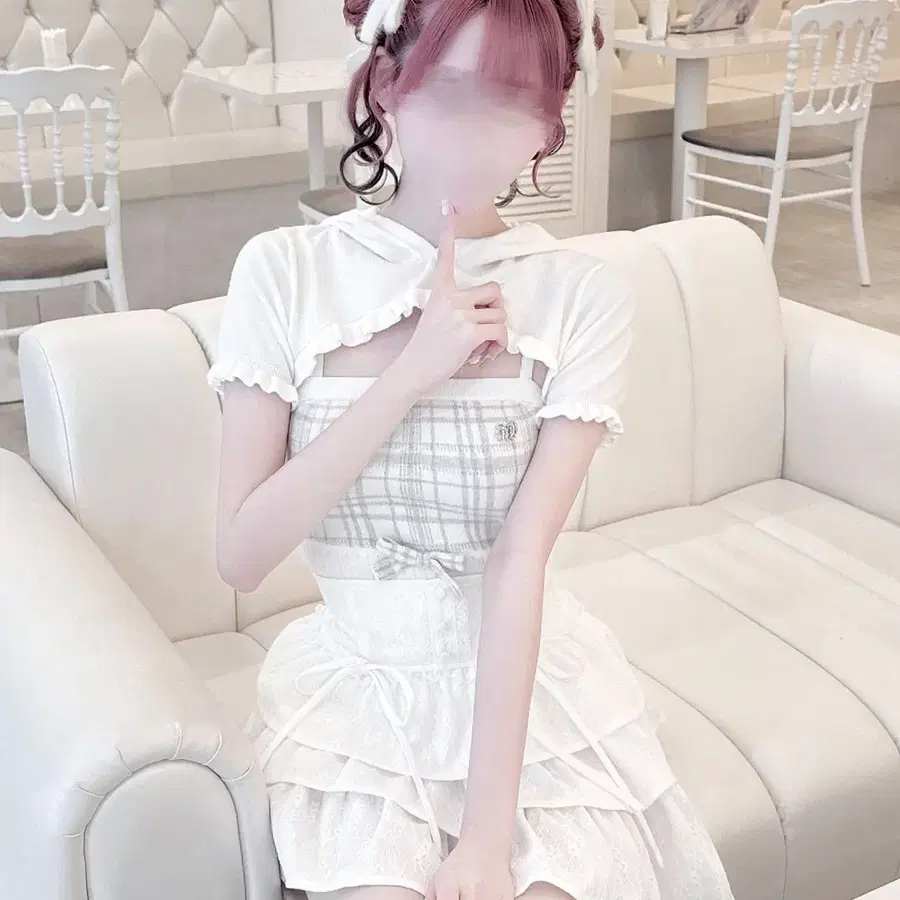 HONEY MEW 허니뮤 체크 후드 앙상블 반팔 니트