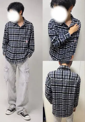 RODEO CROWNS 체크 셔츠 긴팔 블루 블랙 스트릿 구제 의류풍