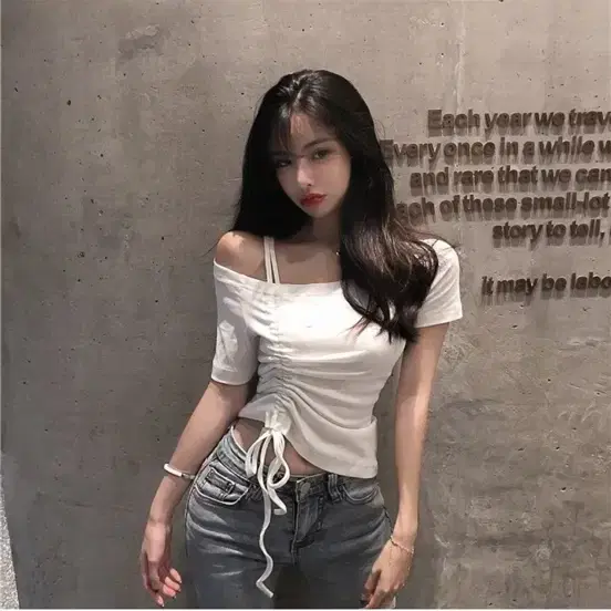 여성 여름 오프숄더 스트링 반팔티셔츠