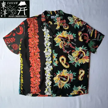 BEAMS 하와이안 셔츠 번개문 클레이지 패턴 동양 올 패턴 XXL