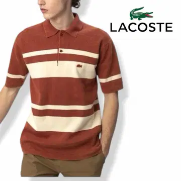 레어 LACOSTE 워시드 니트 피케 셔츠 보더 오렌지