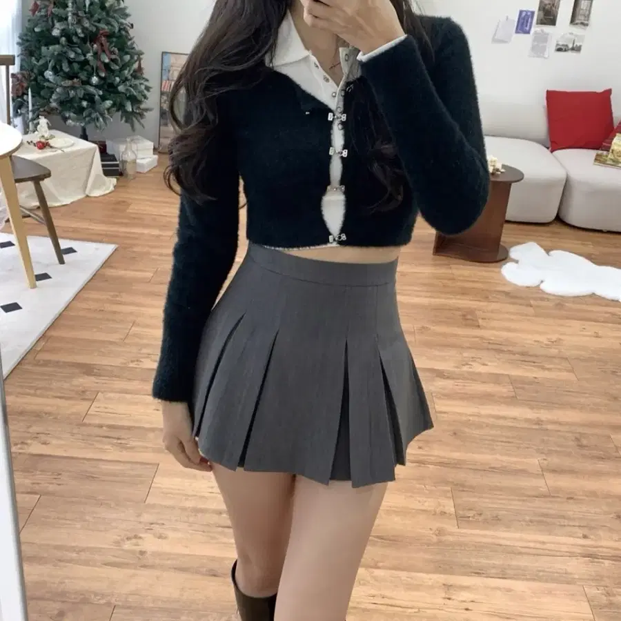 (새상품)그레이 플리츠 미니스커트 치마 S사이즈 26