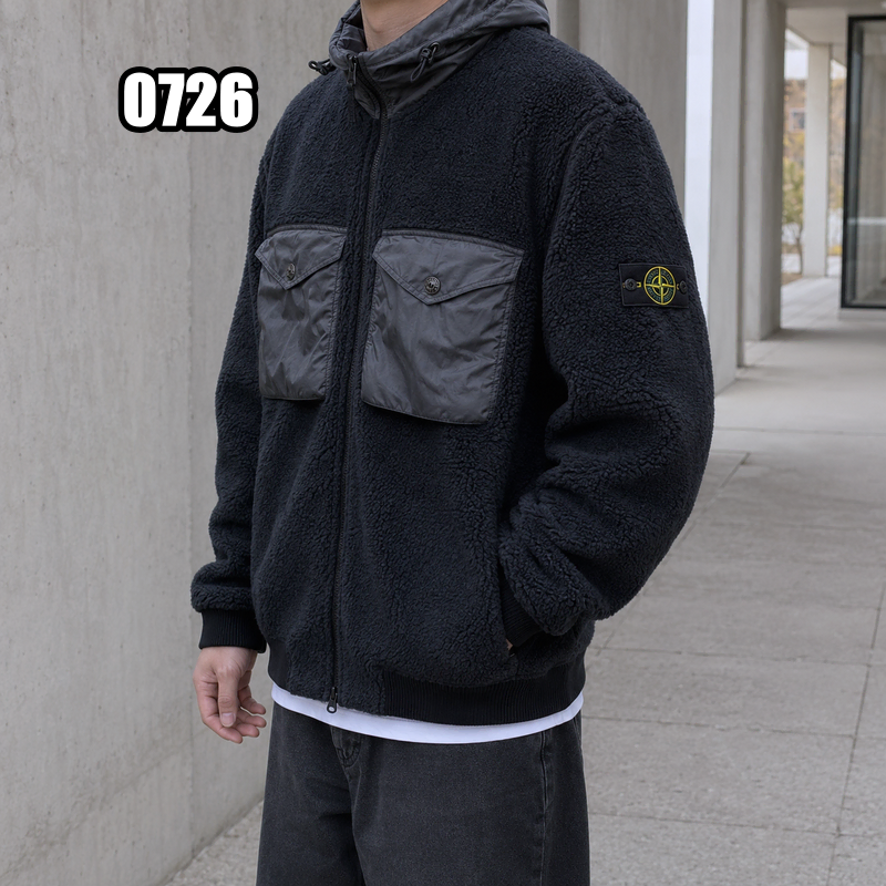 XL 스톤 아일랜드 21FW 코튼 파일 후드 집업 블랙