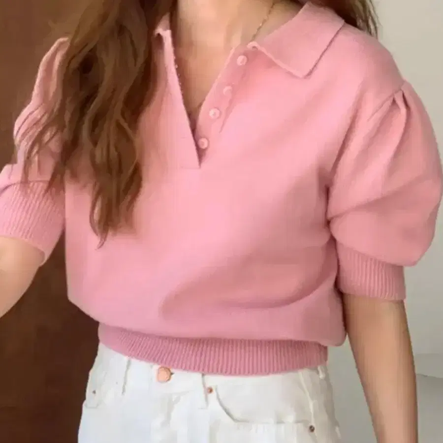 메이비베이비 [DEAREST] LUDIVINE 니트 핑크 반팔 카라티