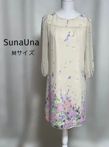 새상품급 SunaUna 수나우나 꽃무늬 7부 소매 무릎 기장 원피스 베이지 M 사이즈