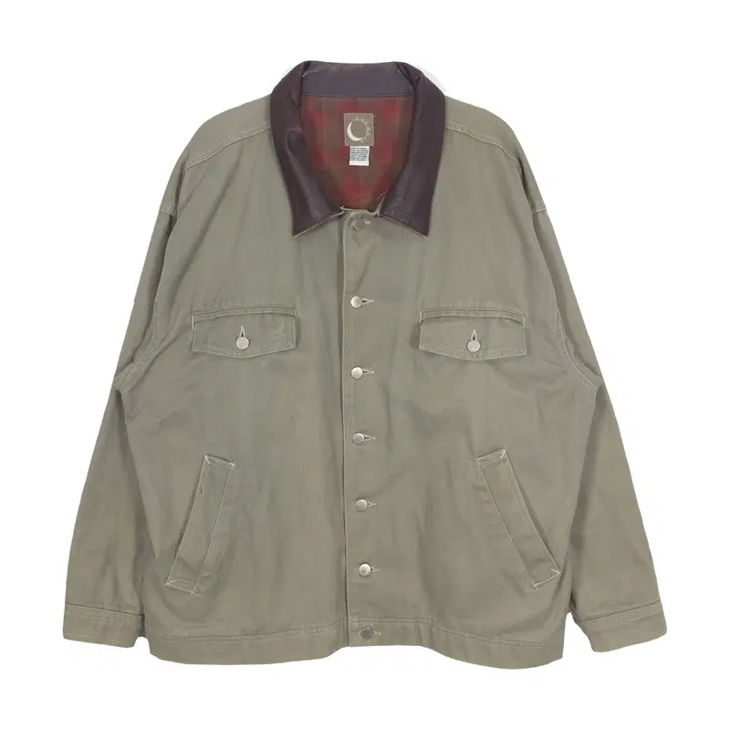 VINTAGE 레더 배색 칼라 카키 워크 자켓 XXL