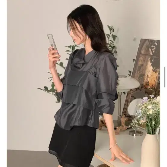 사색 그레이 셔링 블라우스 뷔스티에 세트