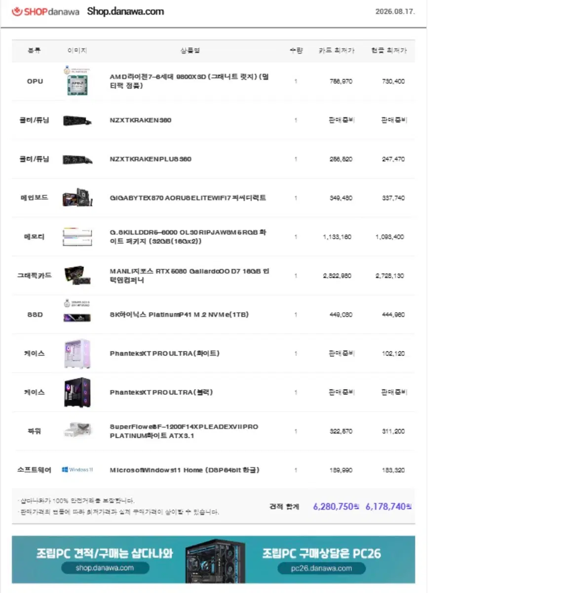 현존 최고사양9800x3d, x870, cl30 32gb, p41 1tb, 5080