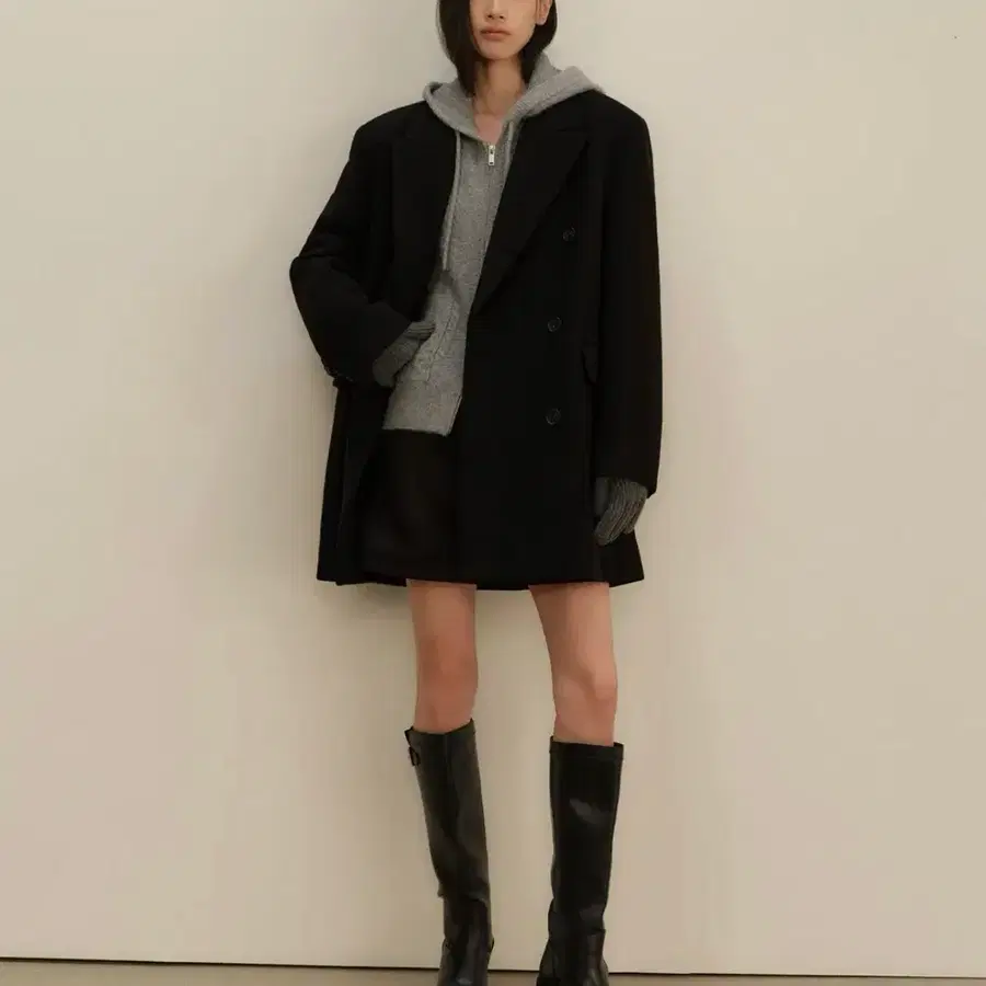 무신사스탠다드 우먼즈 울 블렌드 오버 숄더 더블 하프 코트 블랙 M