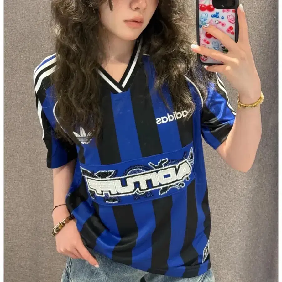 아디다스 줄무늬 반팔 티셔츠 블루