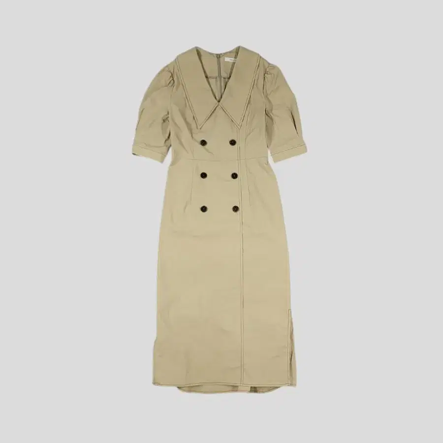VOICE OF VOICES VOV 보브 베이지 브라운 스티치 더블버튼 핀턱 퍼프소매 머메이드 나일론블렌드 빅카라 브이넥 반팔 롱 원피스 WOMANS L
