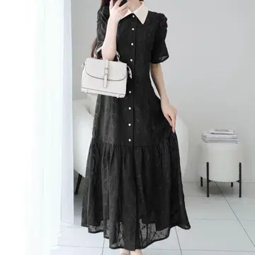 카라 부착 자수 롱 원피스 블랙 XL