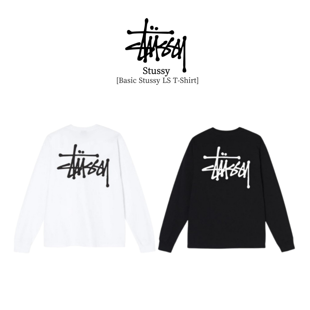 Genuine/New Product) Stussy Big Logo Long Sleeve Basic Pigment T-shirt Unisex (Black / White)