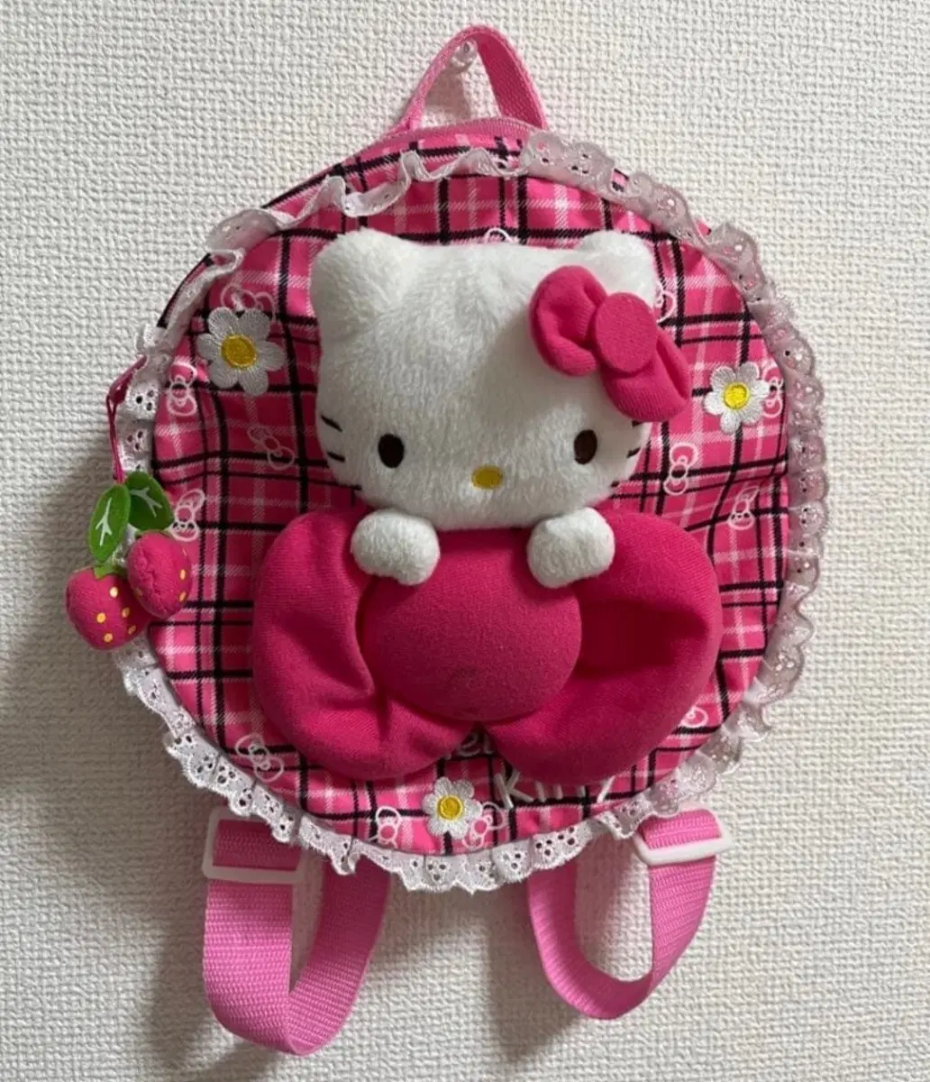 산리오 레트로 고전 키티 체크 레이스 딸기 가방