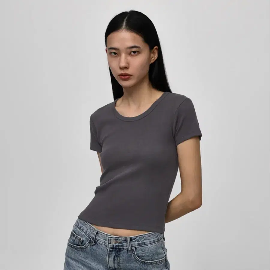 블랙업 유넥 골지 반팔티 차콜 M