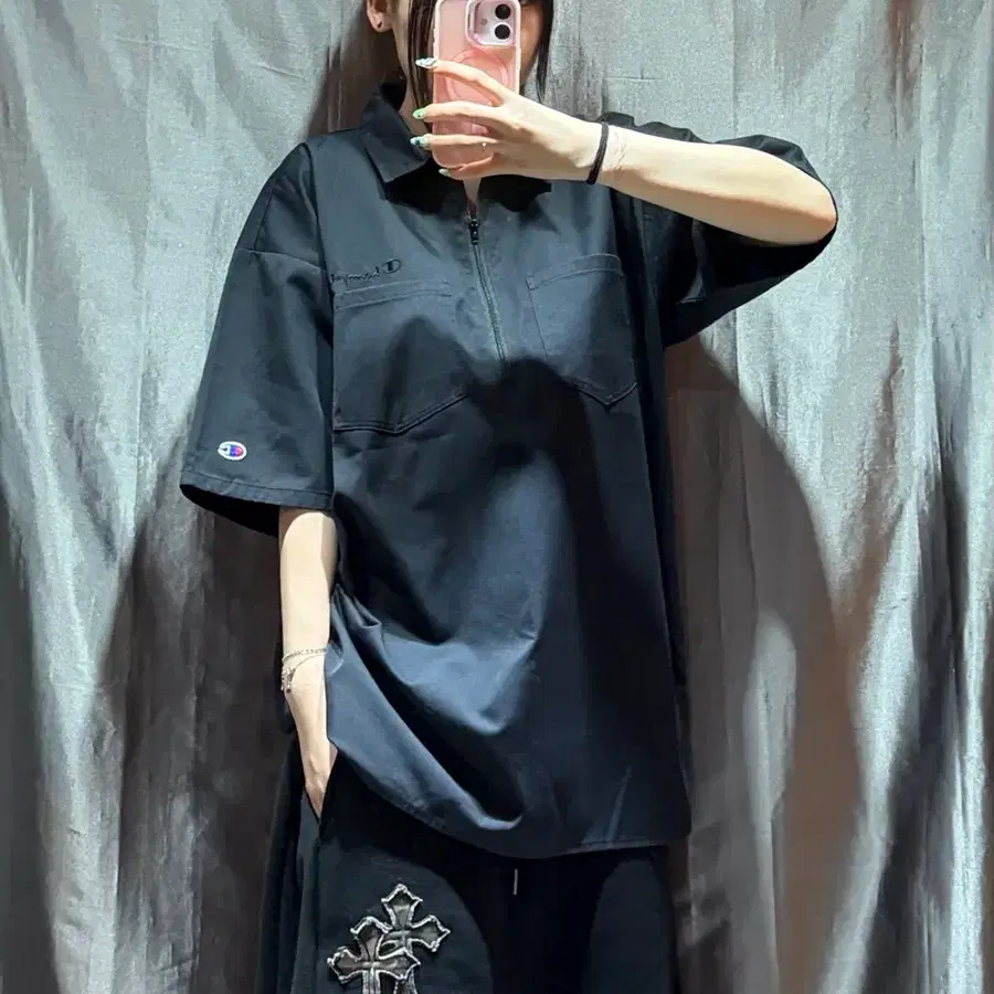 L 챔피온 더블 포켓 블랙 PK 반집업 반팔
