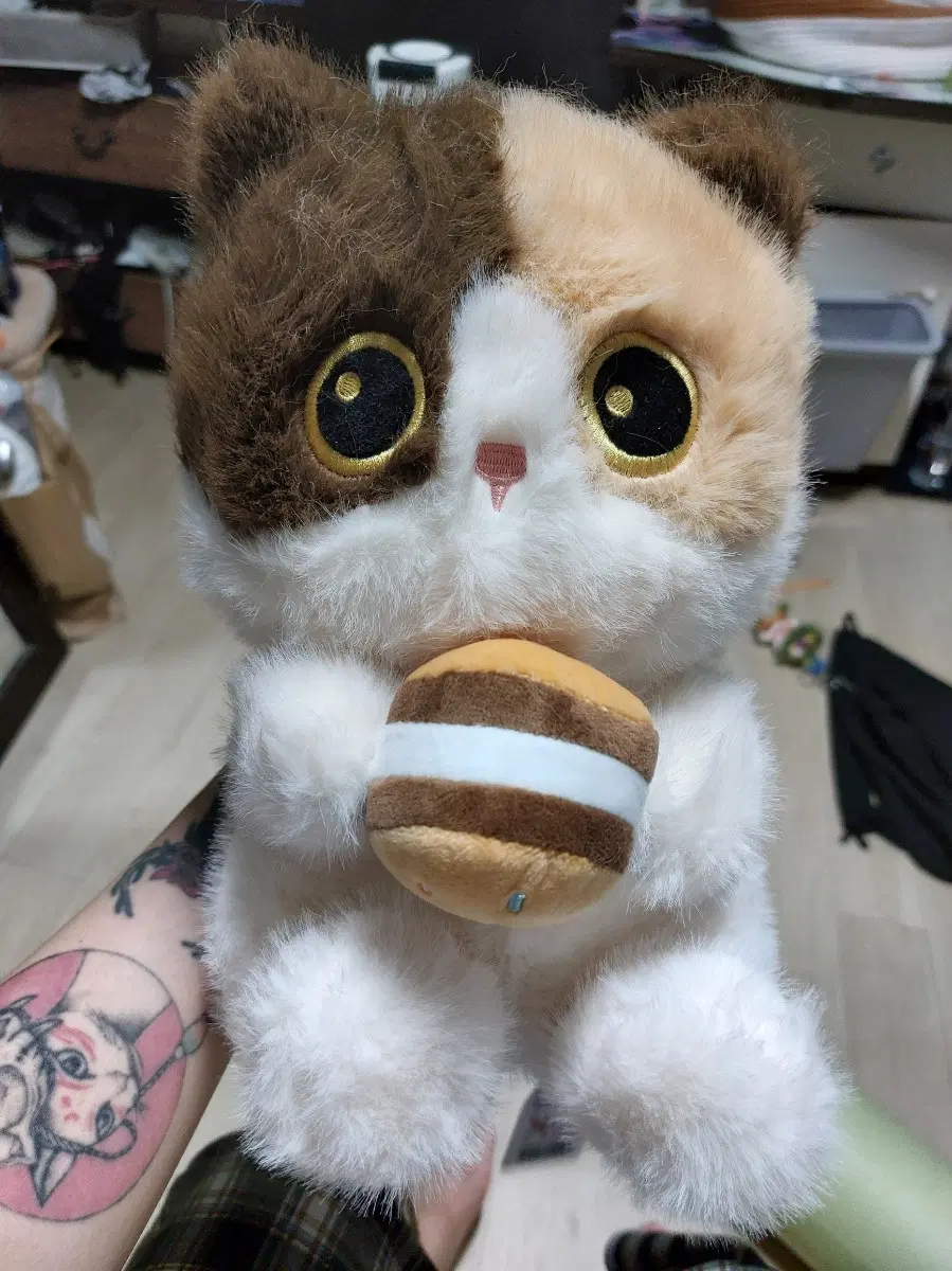 봉제 인형 고양이 햄버거 간식