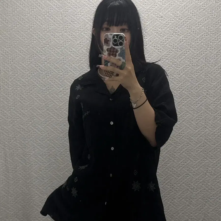 빈티지 캐주얼 눈꽃 에스닉 자수 오버핏 포켓 반팔 셔츠 K0613