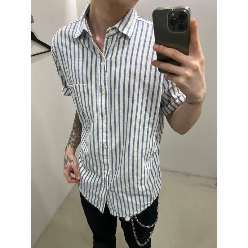 코엔 린넨 스트라이프 하프셔츠 r4405