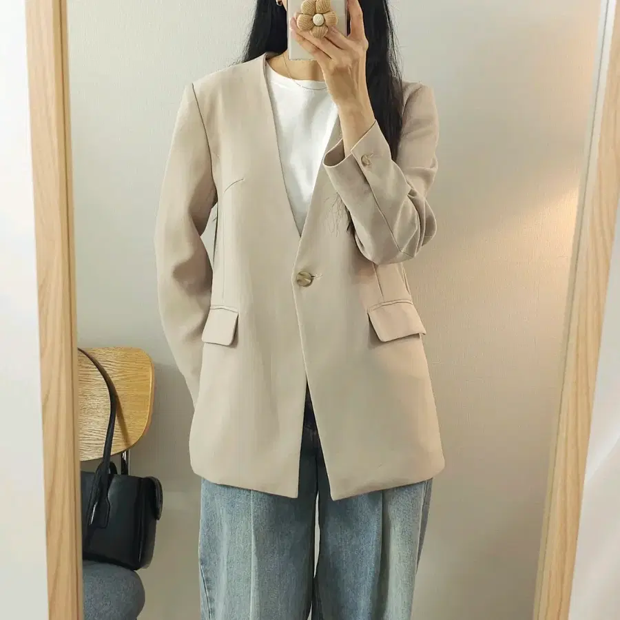 (F)mellower 여성 오버핏 노카라 원버튼 긴팔 자켓 베이지