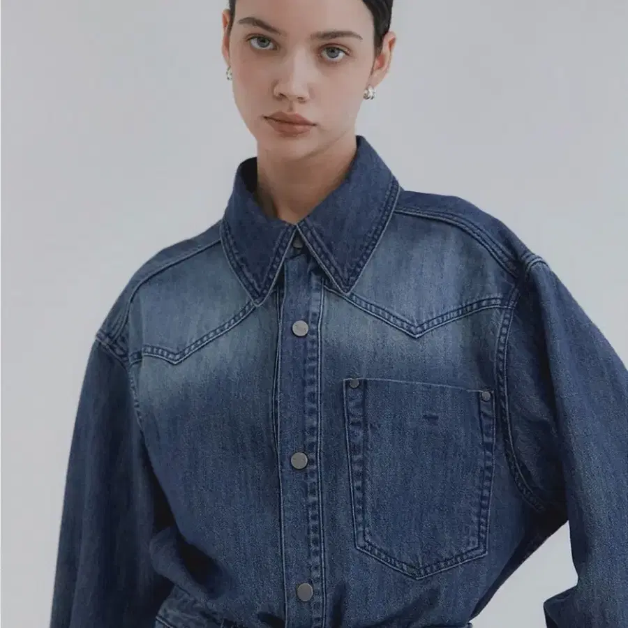 트리밍버드 Western Denim Set-up shirt [Dark Blue]