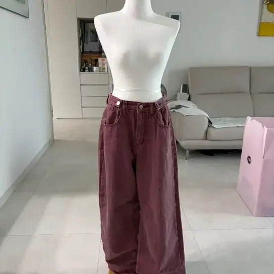 와이드 데님 팬츠 버건디
