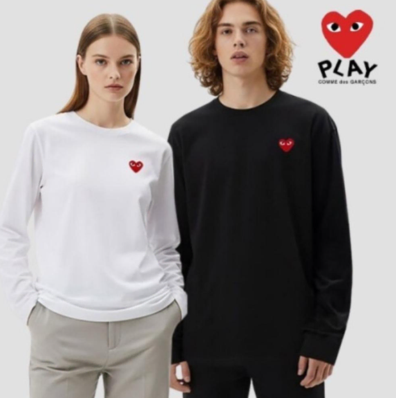Authentic/New) Comme des Garçons Red Heart Patch Long Sleeve T-shirt Unisex (Black / White)