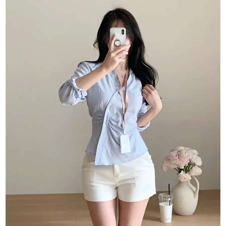 퍼빗 포리 언발 셔링실루엣 셔츠 블라우스