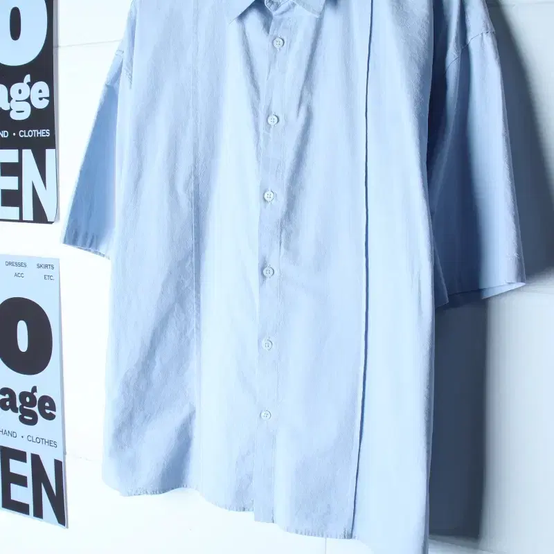 (M-XL) 제로 반팔 카라 티셔츠 셔츠 남방 연블루 절개-H36981