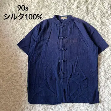 실크 100% 차이나 셔츠 쿵푸 셔츠 반팔 네이비 100% 실크
