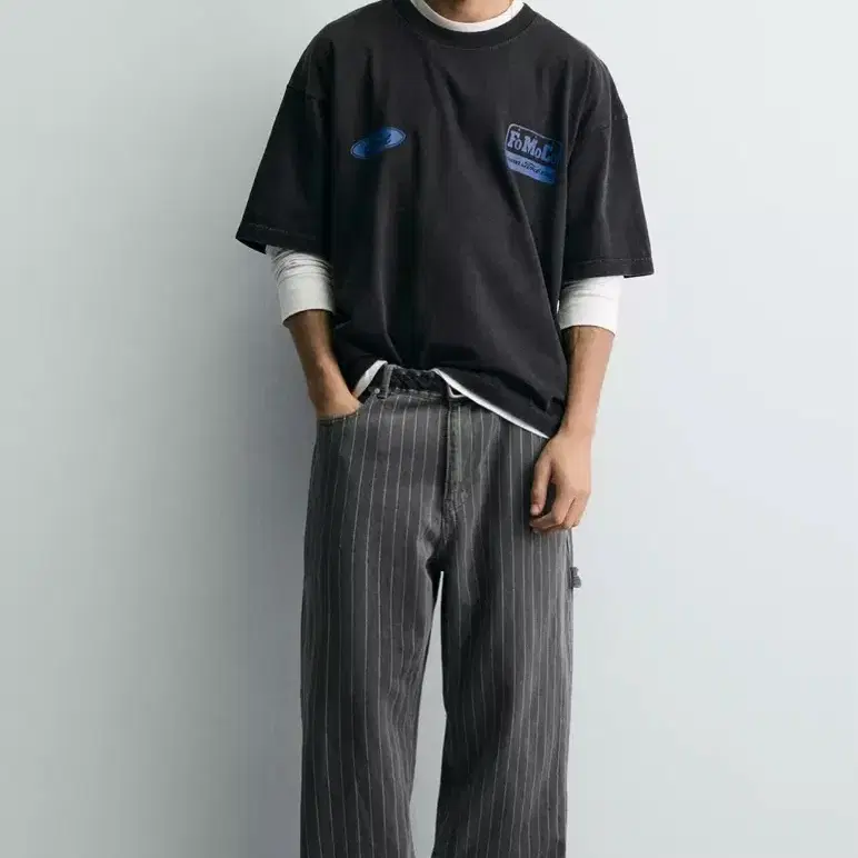 자라 스트라이프 카펜터 와이드 팬츠