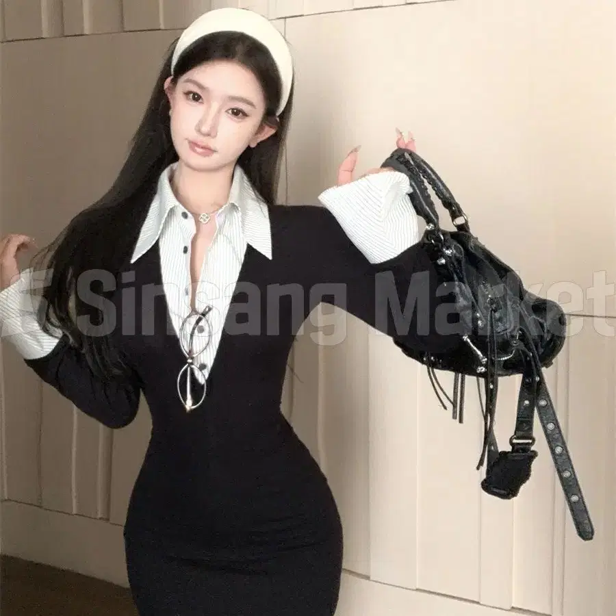 [빠른발송] 바시 셔츠 원피스 스트라이프 페이크투피스 수6631