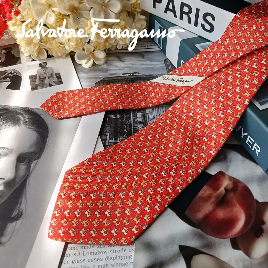 SALVATORE FERRAGAMO 페라가모 실크 오렌지 강아지 모티브 넥타이 8.8cm S~A+등급 E1776